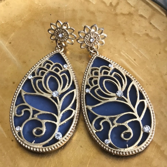 unbranded Jewelry - Earrings Lotus Flower Gold Tone Blue Pear Shaped Jewelry Summer Mother’s Day